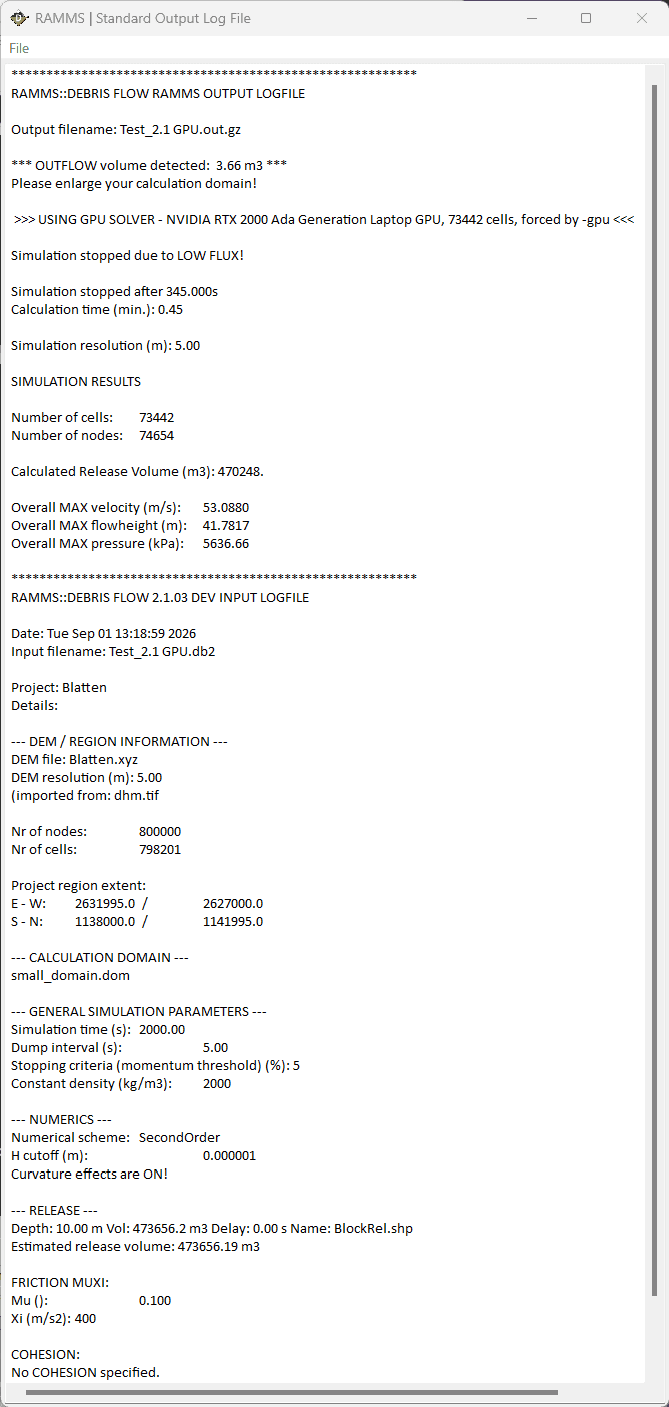 RAMMS 泥石流 GPU 输出日志,包含设备、计算单元、停止原因及结果